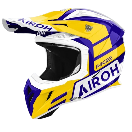 Airoh Aviator Ace 2 Sake Yellow Gloss MX Helmet featuring a vibrant yellow design with gloss finish and advanced motocross protection