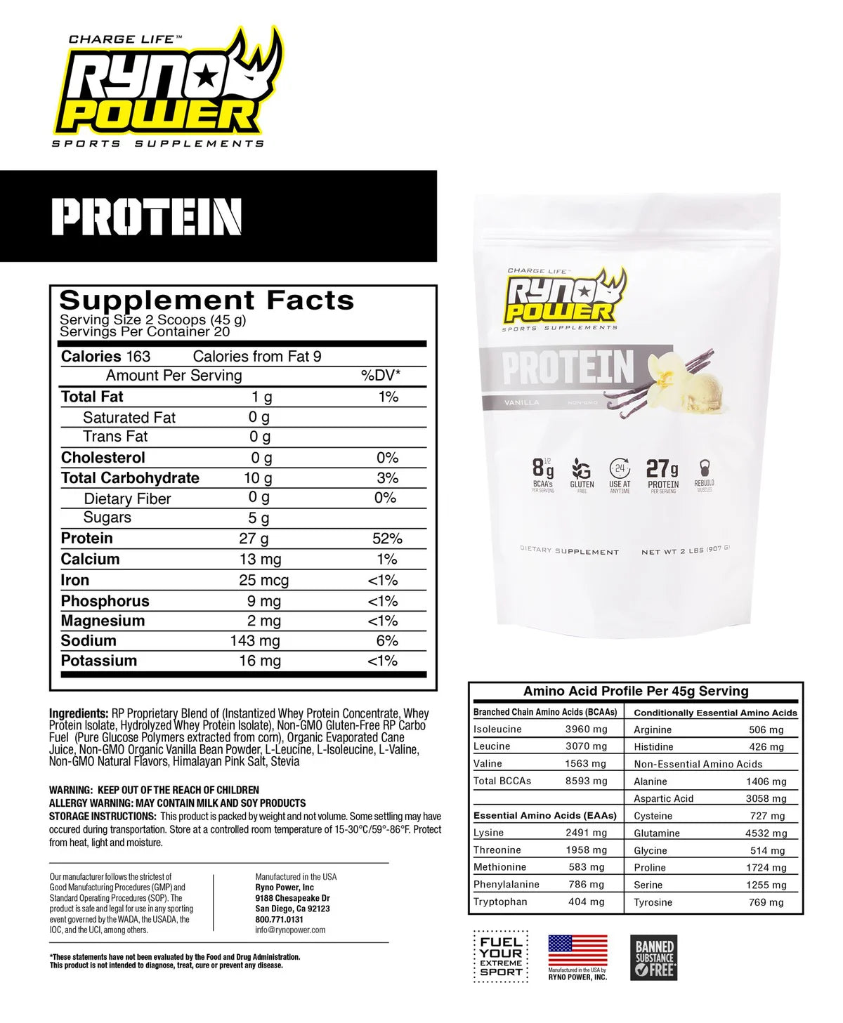 Ryno Power Protein Powder 2lb (20 serv) - Vanilla