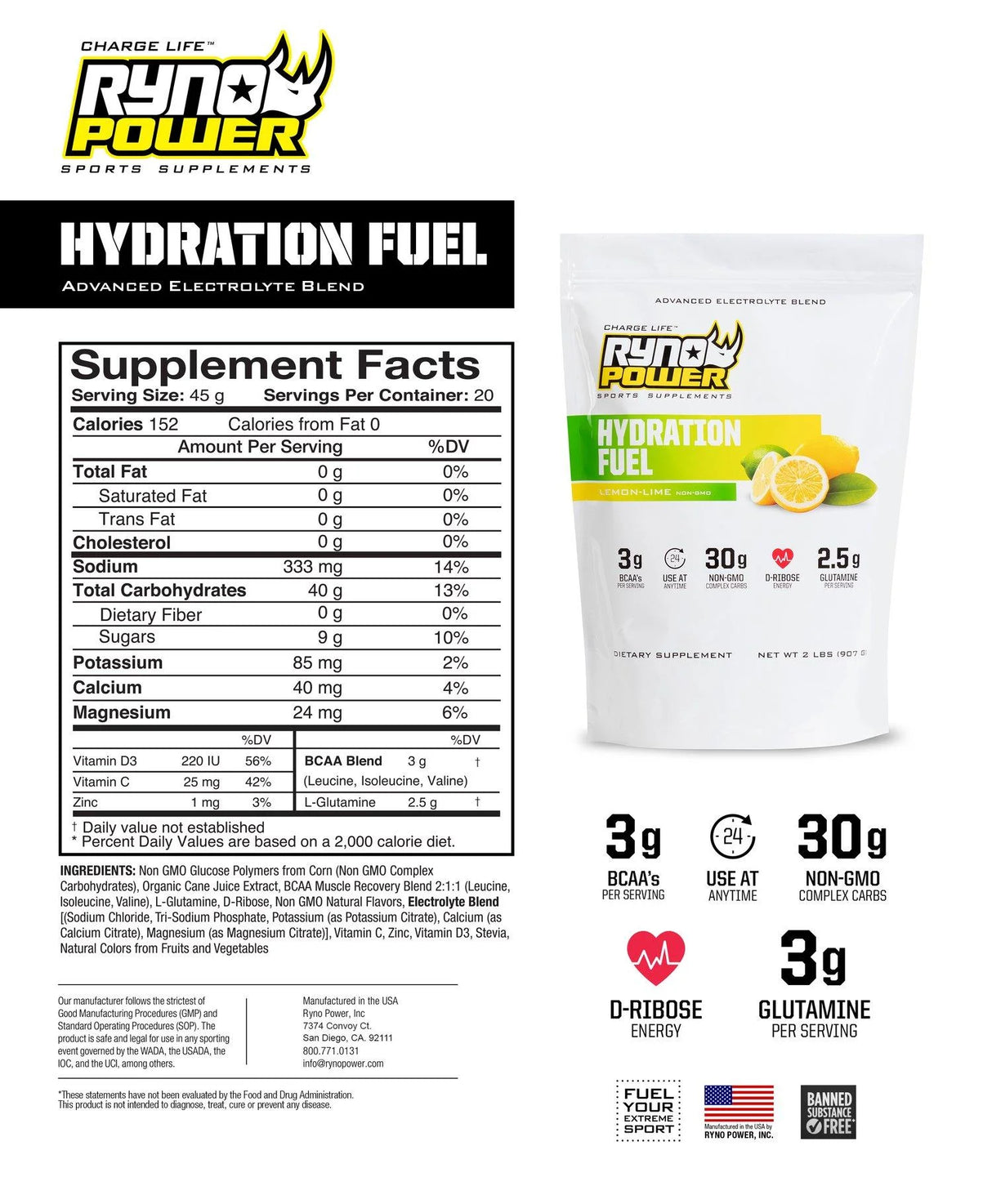 Ryno Power Hydration Fuel 2lb - Lemon Lime
