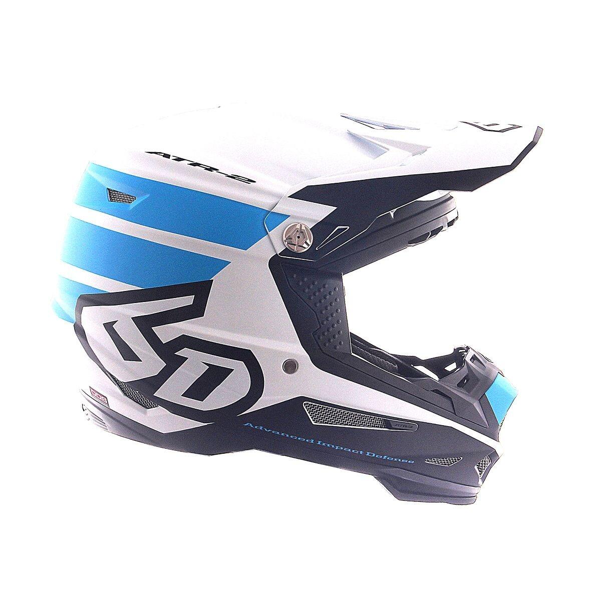 Blue and white ATR-2 Stripe helmet with aerodynamic design and safety features.