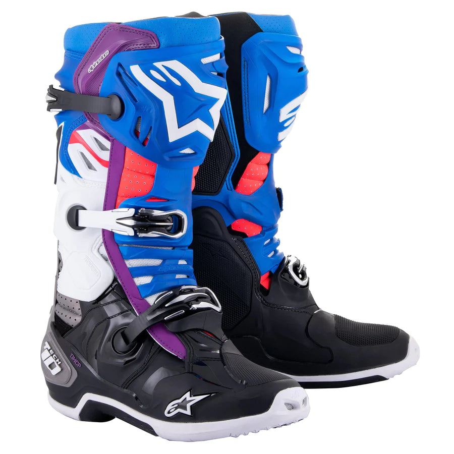 ALPINESTARS TECH 10 SUPERVENTED BLACK ENAMEL BLUE PURPLE WHITE BOOTS