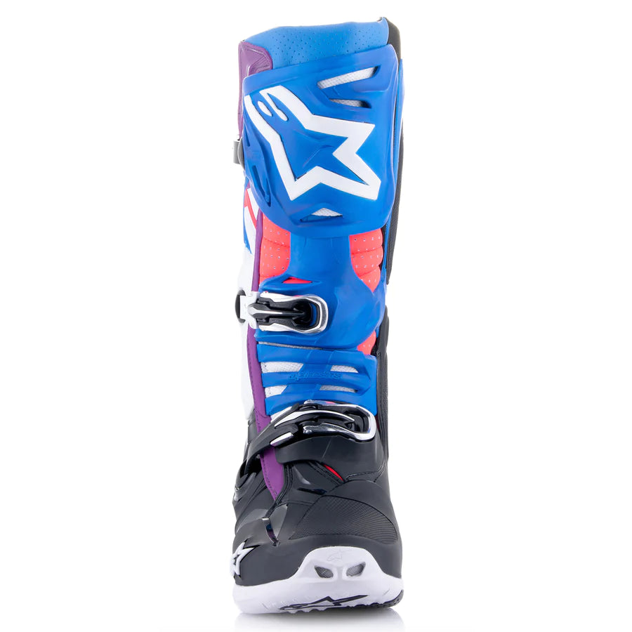 ALPINESTARS TECH 10 SUPERVENTED BLACK ENAMEL BLUE PURPLE WHITE BOOTS