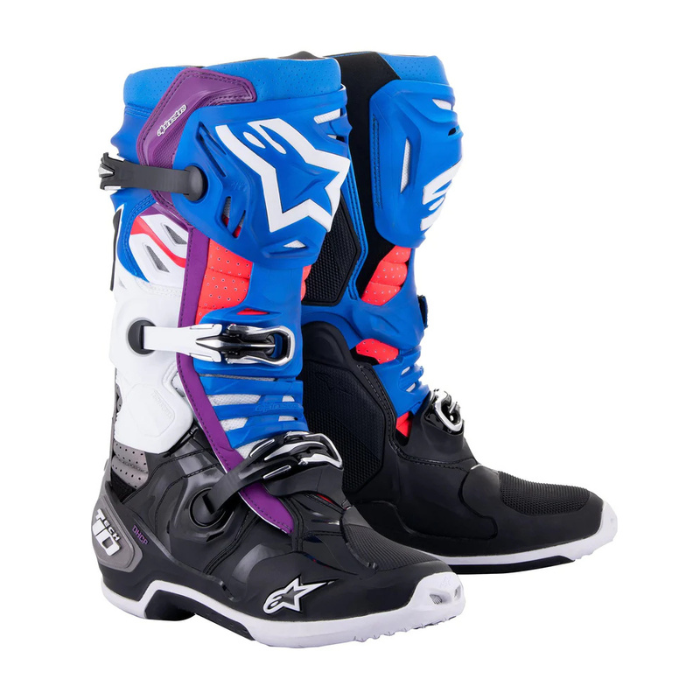 ALPINESTARS TECH 10 SUPERVENTED BLACK ENAMEL BLUE PURPLE WHITE BOOTS