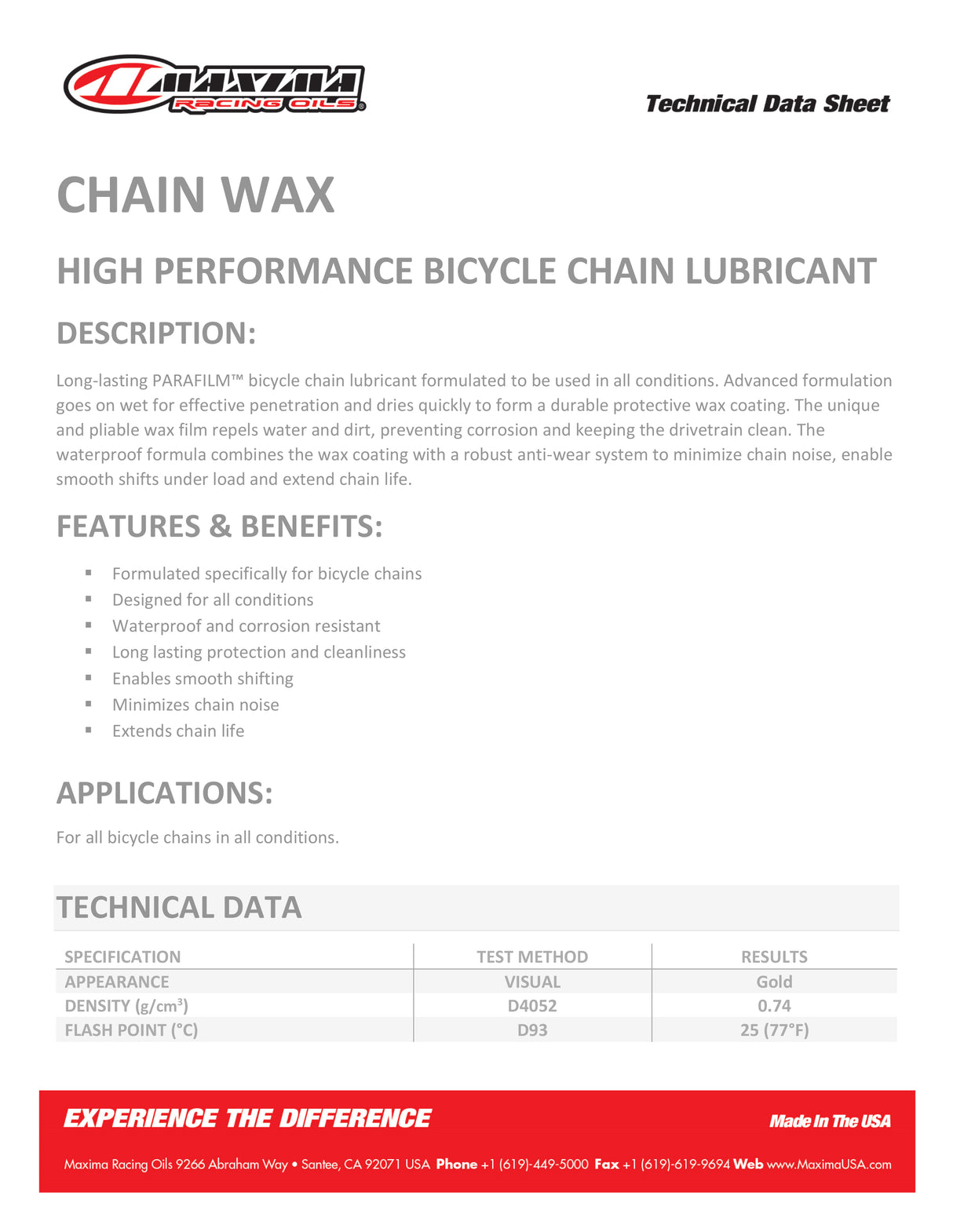 Maxima Bike Chain Wax (Chain Lube) Parafilm Formula 118ml