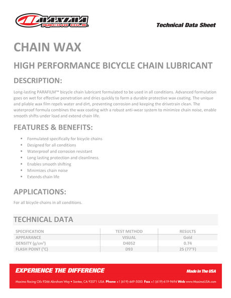 Maxima Bike Chain Wax (Chain Lube) Parafilm Formula 118ml