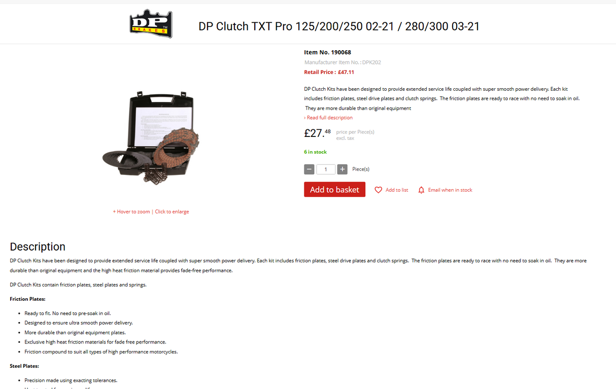 DP Clutch Kit (Fibres/Steels) Gas Gas TXT Pro 125/200/250/300 02-20