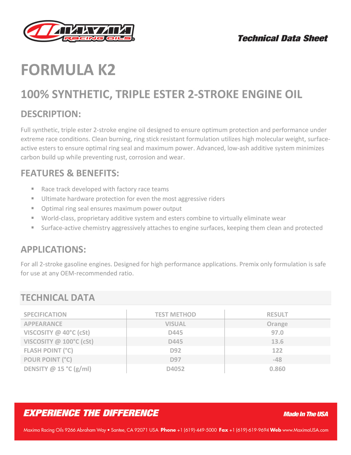 Maxima 2T Formula K2 100% Ester Synthetic (SAE 40w) 1 Litre