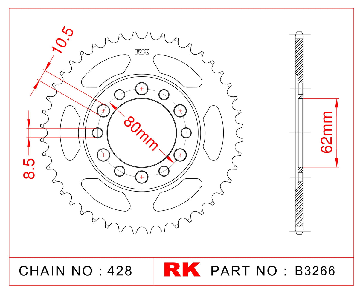 Sprocket Rear RK-B3266-45 (AFAM-12208 JTR 1842) 10.5 / 8.5mm holes