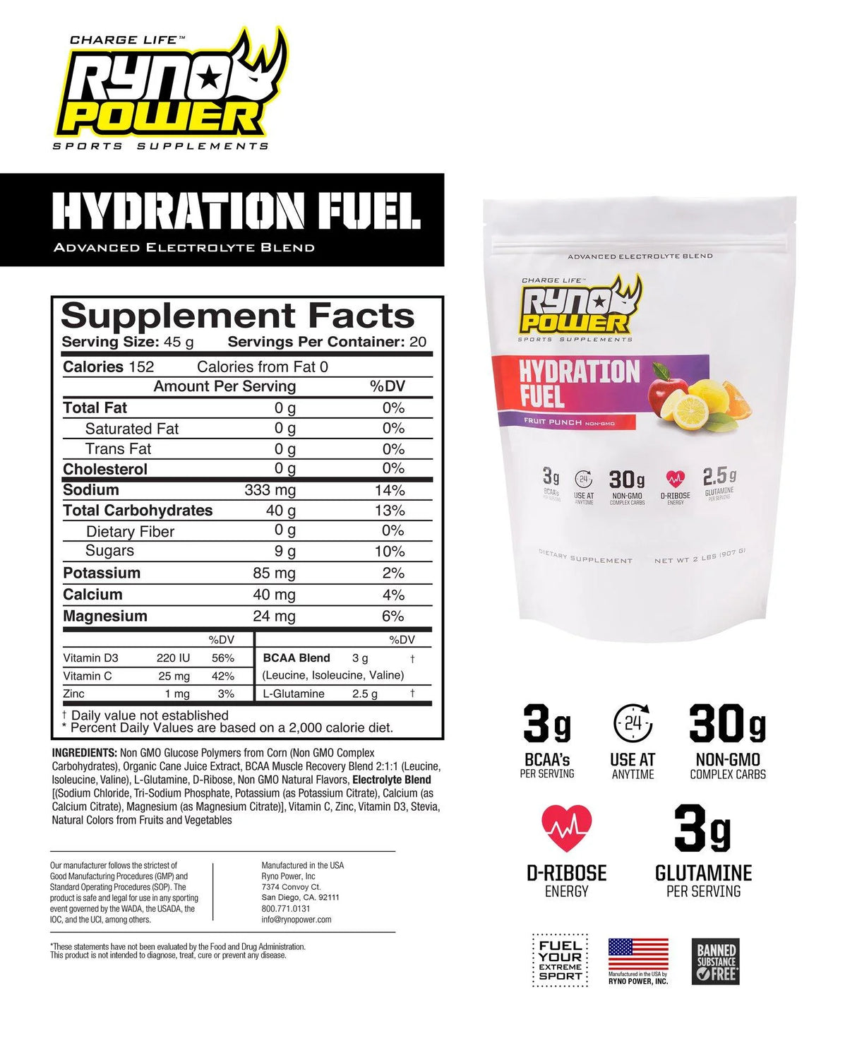 Ryno Power Single Serving - Hydration Fuel Fruit P