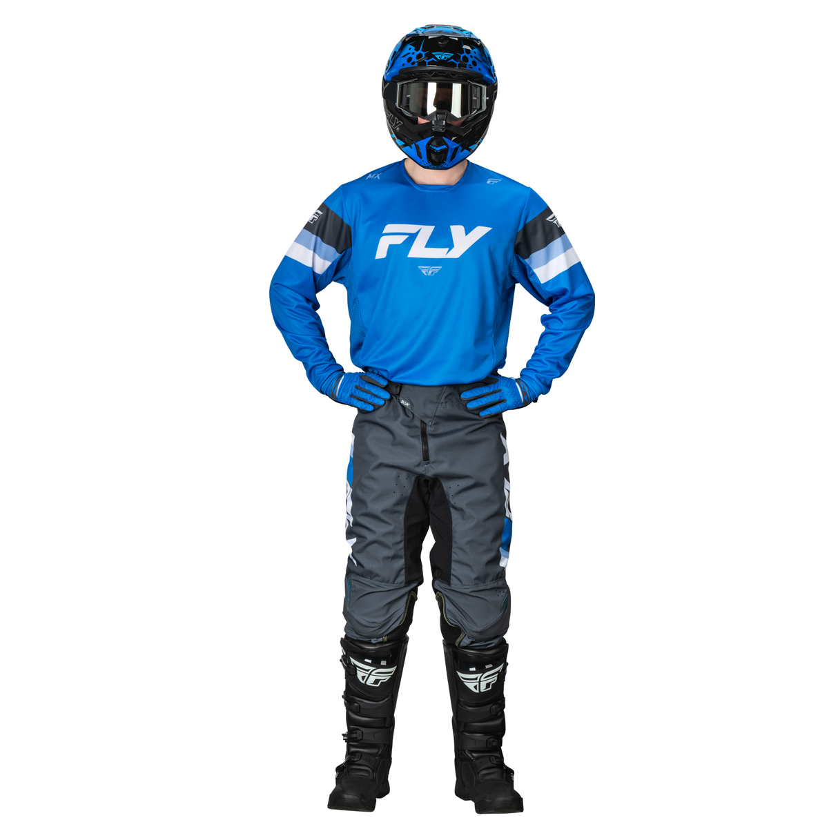 FLY RACING FLY 2024 YOUTH KINETIC PRIX BRIGHT BLUE CHARCOAL WHITE JERSEY