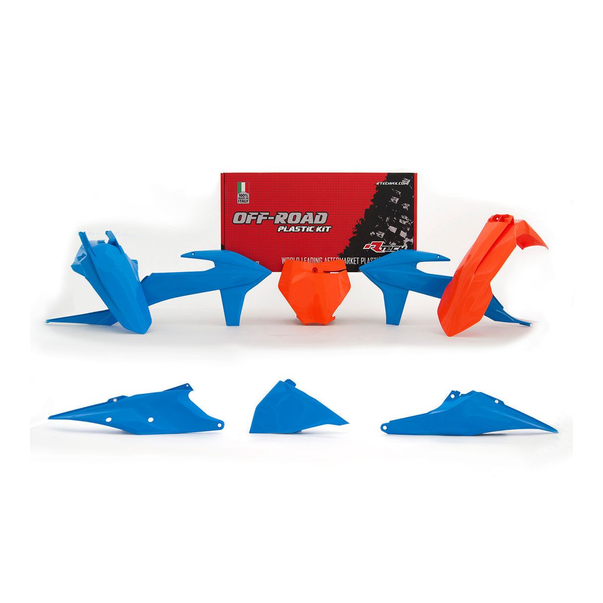 Rtech Plastic Kit (6pc) With Left Air Box Cover (Orange/Vintage Light Blue) KTM SX125-150-250 19-22 SXF250-450 19-22
